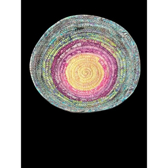 Handmade Woven Fabric Coil Rope Basket Purple Blue Multicolor 8"x3" Boho Decor - Picture 3 of 8